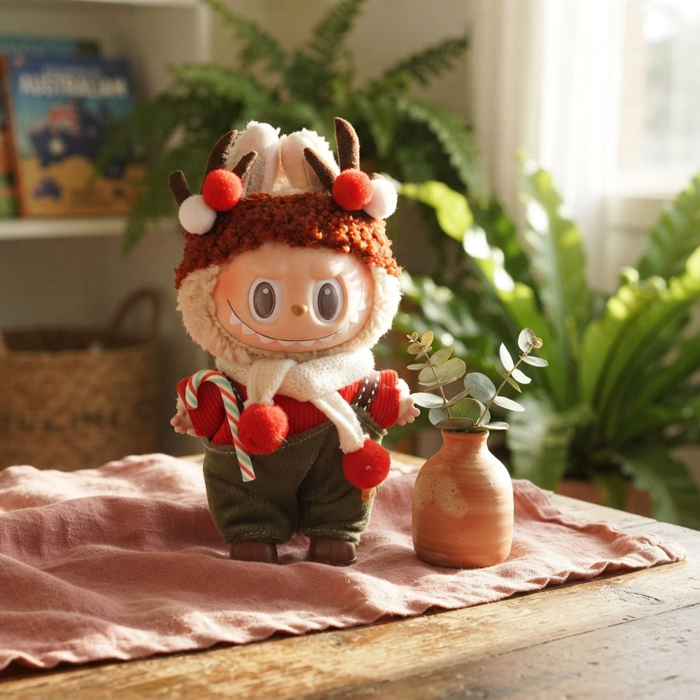 A Labubu doll wearing a red deer Christmas costume sitting on a wooden surface in a sunlit room with rose and terracotta acce